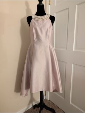 Adrianna Papell Pearl Embellished Halter Fit & Flare High Low Dress Blush Pink 8